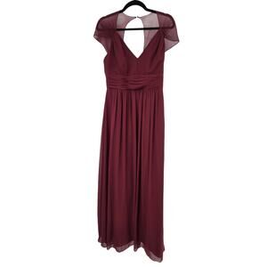JENNY PARKHAM SZ 8 LUX CHIFFON MAROON V-NECK OPEN BACK BRIDESMAID MAXI DRESS